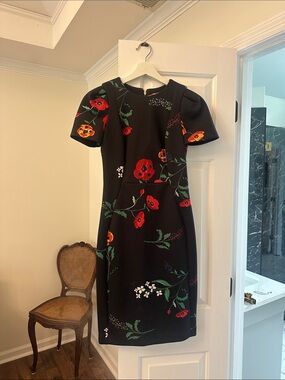 Calvin Klein Black Floral Sheath Scuba Dress with Red Poppies